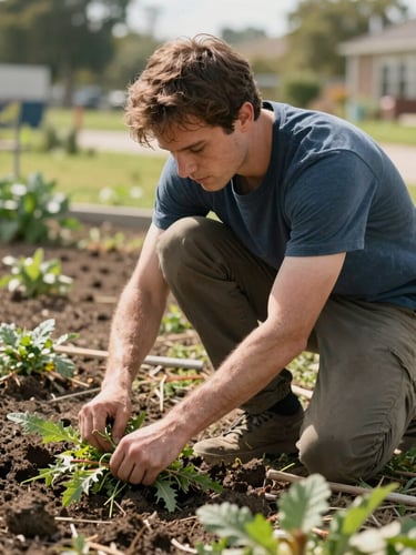 Medium shot from the side, Truman crouching or kneeling in a community green space, hands actively engaged in a ground-level task — pulling weeds, planting, or clearing debris — natural afternoon light, real working conditions, no posing