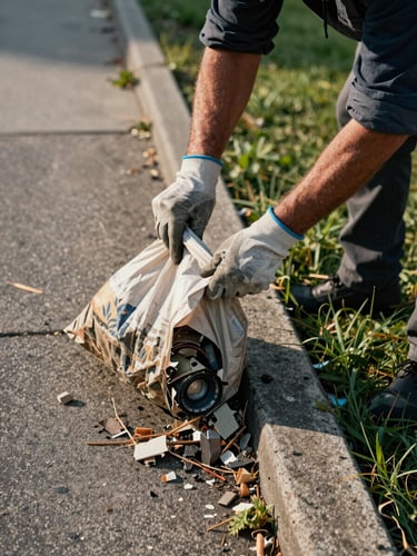 Medium shot of Truman's hands clearing debris from a sidewalk edge, gloved hands gripping a bag, concrete and overgrown grass visible, afternoon natural light casting soft shadows