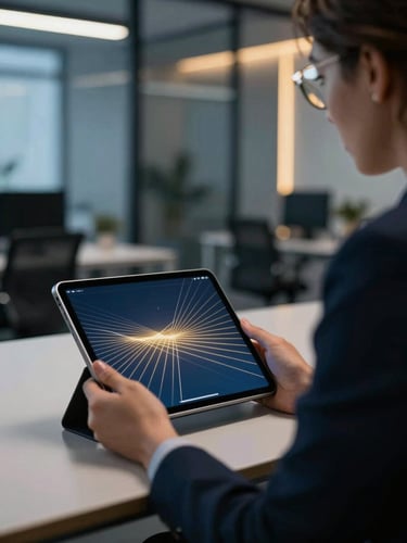 Professional business consultation in a modern office, a tablet displaying abstract architectural lines representing networks, subtle blue and gold ambient light, sharp focus.