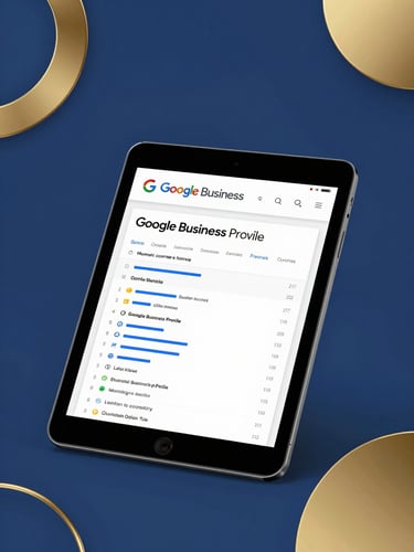Professional business consultation, focusing on a tablet displaying Google Business Profile analytics, crisp studio lighting with subtle gold accents. Landscape aspect.
