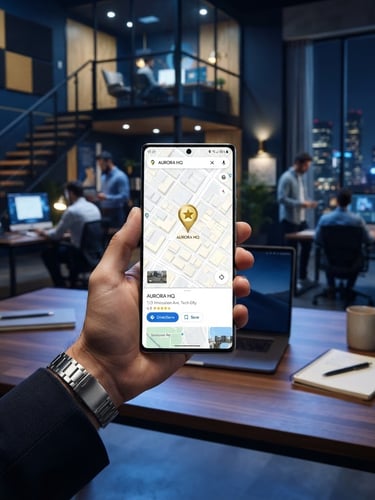 Wide panoramic shot of a modern, high-tech workspace with a mobile phone displaying a Google Maps interface prominently in the foreground, showing a business listing with a gold pin. Crisp studio lighting, subtle blue and gold ambient reflections, sharp focus.