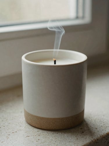 Close-up of a minimalist ceramic candle vessel on a raw travertine surface, soft morning window light, gentle wisp of smoke rising from the wick, shallow depth of field, 35mm film texture