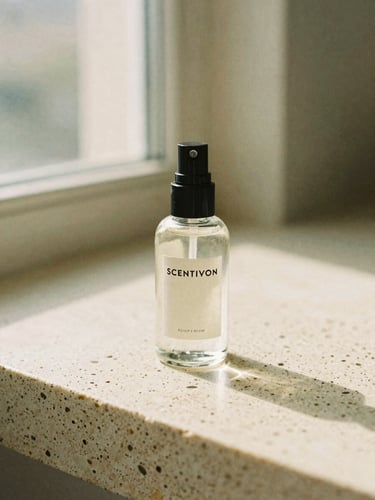 A minimalist glass bottle of Scentivon room spray on a raw travertine stone surface, soft morning window light, warm sand tones, 35mm film texture