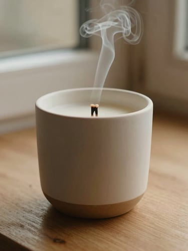 Close-up of a minimalist ceramic candle vessel on a raw wooden surface, soft morning window light, delicate wisp of smoke rising from the wick, warm sand tones