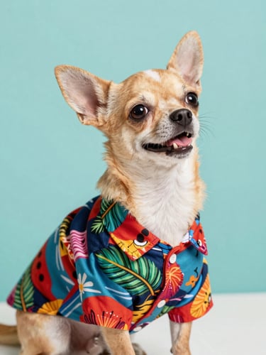 Bright studio pet photography, a happy chihuahua wearing a colorful Mexican tropical shirt looking up, soft daylight, teal background