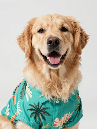 Eye-level shot of a happy golden retriever wearing a vibrant tropical teal shirt, bright natural daylight, clean light-gray background, shallow depth of field.