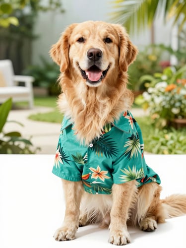 A happy golden retriever wearing a vibrant teal tropical shirt, sitting comfortably in a bright sunlit garden, eye-level shot