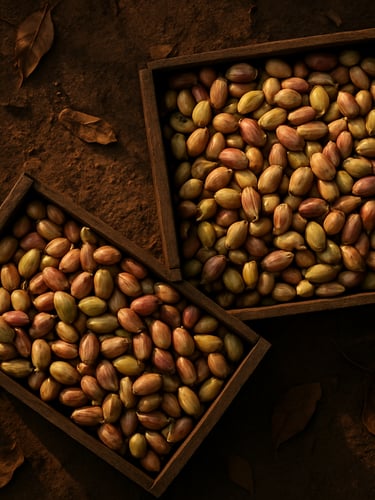 Overhead flat-lay of sunlit Mediterranean orchard soil with dry leaves and raw pistachio harvests in wooden crates, warm golden hour light