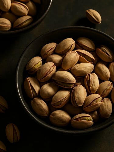 Overhead flat-lay of raw pistachio harvest in elegant dark ceramic bowls, warm sunlit highlights, rich textures, professional editorial food photography