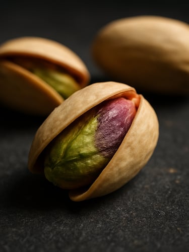Dramatic close-up of premium open pistachio shells on a dark stone surface, side lighting highlighting the vibrant green and purple kernel inside, editorial food photography