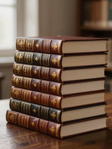 A stack of thick leather-bound classical Islamic books on a dark wooden table, soft golden light highlighting the textured spines and gold lettering, quiet library background, no people.