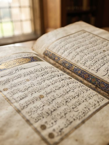 Macro close-up shot of an open ancient Arabic manuscript, detailed ink calligraphy on textured aged parchment paper, warm soft side light from a library window, shallow depth of field, 35mm