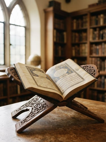 Warm editorial photography of an open Quran on a wooden rehal, soft natural window light, textured parchment, library background, shallow depth of field, 35mm