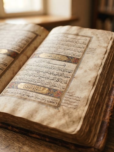 Macro close-up of a thick leather-bound classical Arabic manuscript with textured parchment pages, soft warm library window light, shallow depth of field, 35mm