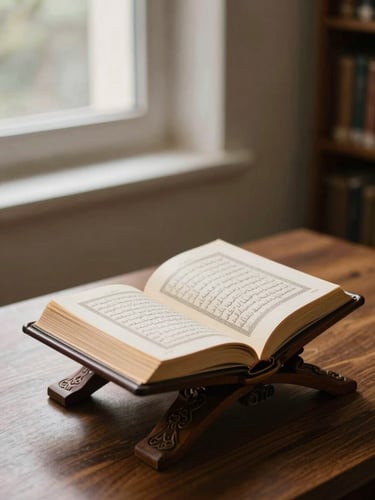 An open mushaf Al-Quran on a carved wooden rehal, sitting on a dark wooden table inside a quiet library, soft light filtering from a side window, warm tones, 35mm