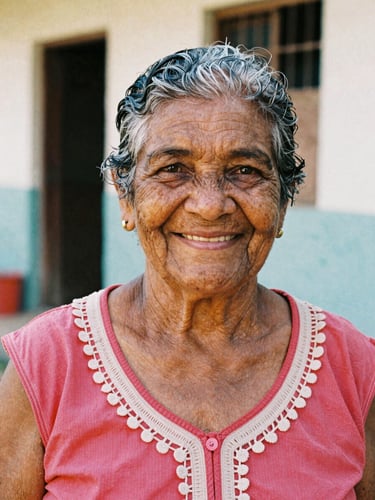 Warm editorial portrait of an 81-year-old Brazilian woman, Dona Zuleide, with a kind and hopeful smile, soft natural sunlight, authentic community setting