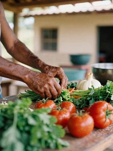 Candid shot of hands preparing fresh vegetables in a rustic community kitchen, warm morning light, authentic Brazilian neighborhood setting
