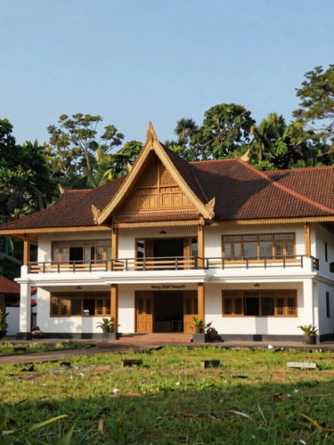 Wide shot of the Nagari Dusun Tangah village office building under clear natural daylight, modern Minangkabau architecture, lush green surroundings, sharp focus, 35mm lens.