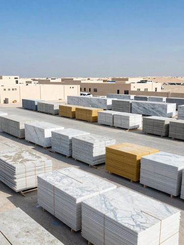 High-angle architectural shot of a massive, clean building materials warehouse in Dubai, organized stacks of marble and cement under bright, even high-key lighting, 35mm