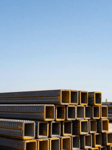 Macro photograph of heavy structural steel rebars stacked geometrically in bright desert daylight, architectural 35mm composition with golden highlights