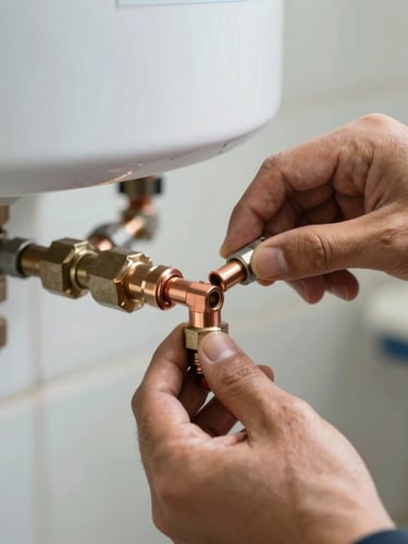 Close-up of a technician's hands installing a copper pipe connection on a clean electric water heater, natural daytime lighting, sharp focus on the metallic fittings.
