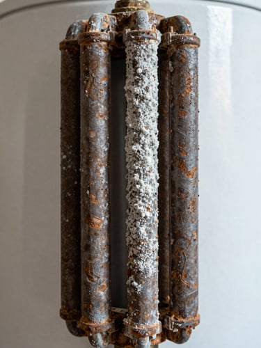 Macro shot of a heavily corroded electric water heater heating element covered in thick white limescale deposits, natural daylight