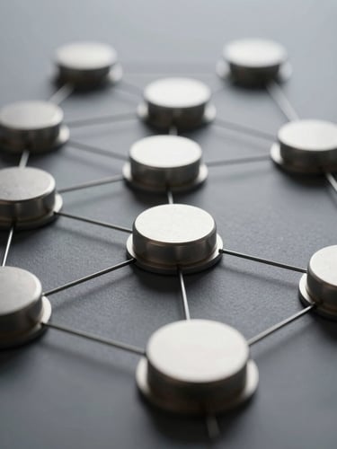 High-contrast architectural system diagram of a distributed microservices network, desaturated slate and steel tones, cool diffused daylight, shallow depth of field, 35mm