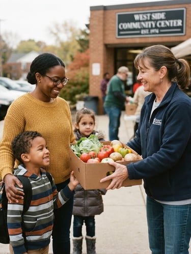 A warm, natural light medium shot of a friendly Midwestern volunteer handing a box of fresh produce to a family outside an Ohio community center, soft overcast daylight.