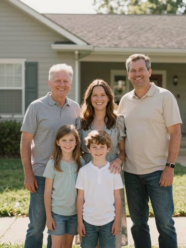 A smiling Ohio family standing together outside their home in a warm, sunlit residential neighborhood, soft authentic color palette, 35mm lens.
