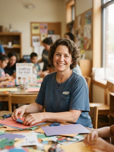 Warm portrait of a friendly Ohio volunteer in a community center, smiling genuinely, soft natural window light, shallow depth of field, 35mm lens.
