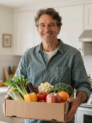 Medium shot of a local Ohio resident smiling warmly in a sunlit kitchen, holding a fresh box of local produce, 35mm lens, shallow depth of field.