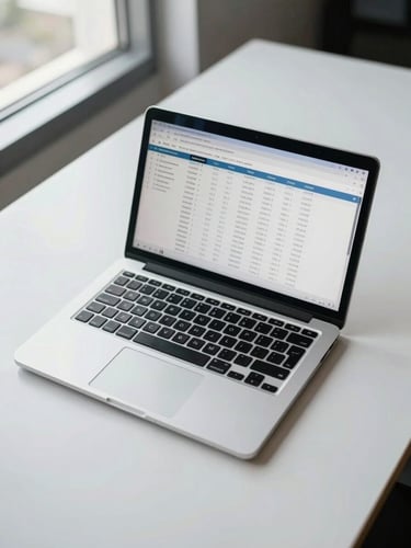 Wide overhead shot of a corporate desk, open laptop displaying a multi-currency payment routing dashboard with transaction data rows, cool daylight from a window to the left, no people visible, clean surface