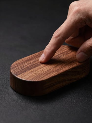 Close-up of a hand touching a solid walnut charging dock, warm wood grain, moody directional lighting, dark background