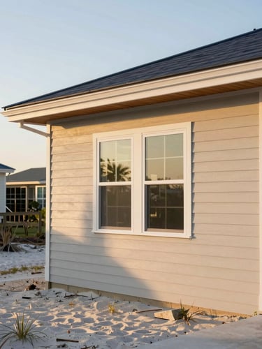 Architectural detail of a newly constructed modern coastal home in Jacksonville, clean lines, warm sand-toned siding, sun-drenched natural lighting