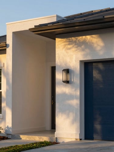 Architectural detail of a modern Florida home facade under warm golden-hour sunlight, clean geometric lines, high-contrast shadows