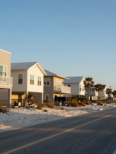 A wide environmental shot of a coastal Florida street near Jacksonville Beach, warm golden-hour sunlight casting soft shadows on clean modern residential architecture.