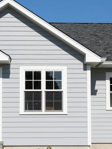 Bright crisp exterior photography of a pristine house with clean light grey siding and a dark shingle roof, direct midday sunlight, high contrast, sharp focus, 35mm