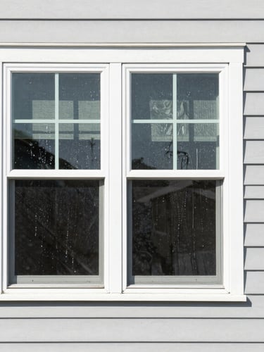 Bright crisp exterior photography of a pristine house with clean light grey siding and water drops glistening on a window under direct midday sunlight, sharp focus