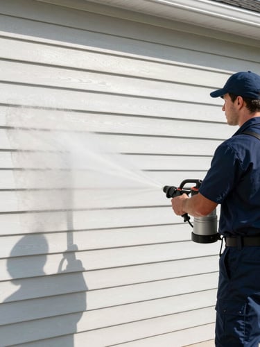 A professional exterior cleaning technician in a clean navy uniform operating a calibrated low-pressure wash system, direct midday sunlight reflecting off pristine light-colored vinyl siding.