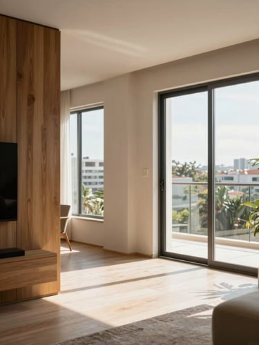 Sun-drenched modern apartment interior in Brazil, natural light pouring through large windows, clean and minimalist design, warm wood accents.