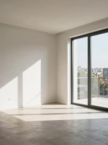 Bright sun-drenched modern apartment interior, natural light streaming through large windows, minimalist design, high contrast shadows