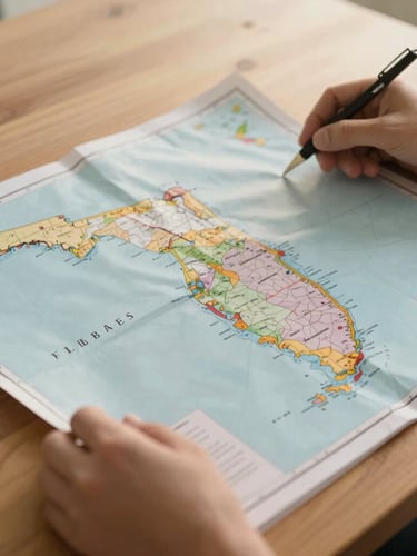 A close-up of hands examining a detailed physical regional tax map of Florida on a wooden table, soft natural light, warm editorial style
