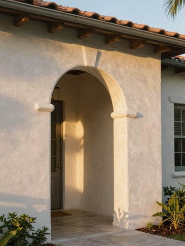 Warm golden-hour sunlight hitting an elegant stucco archway of a coastal Florida home, soft shadows, 35mm lens