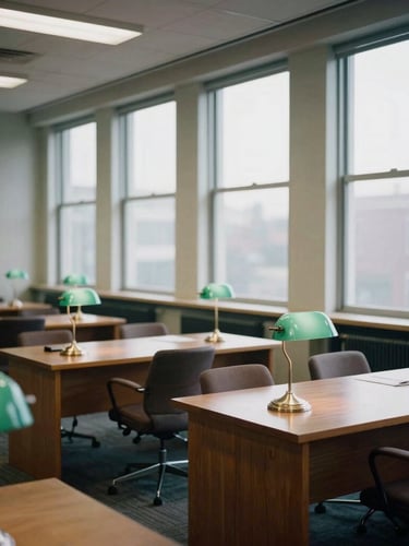 A wide-angle editorial photograph of a quiet, sunlit newsroom archive in Washington, D.C., with rows of oak desks, classic green library lamps, and tall windows letting in soft, overcast daylight, 35mm lens, realistic muted tones.