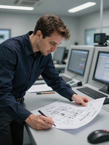 Industrial engineer reviewing blueprint schematics in a modern control room, natural slate gray tones, 35mm lens