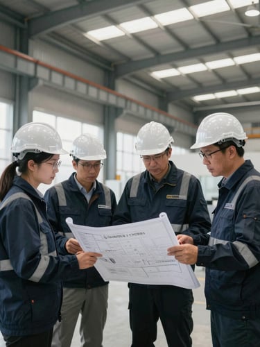 Wide-angle editorial photograph of engineers in safety gear reviewing blueprints in a modern industrial plant, natural daylight, deep navy tones.