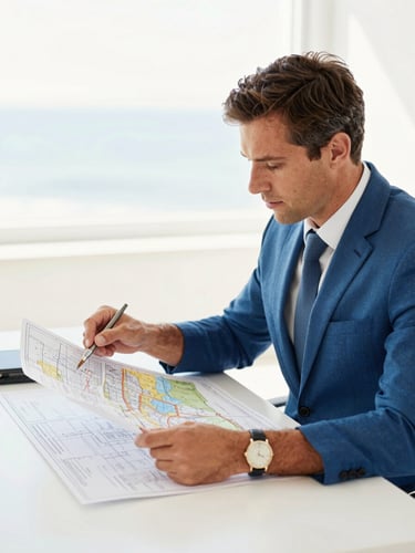 Bright high-key environmental portrait of a professional advisor reviewing a physical blueprint map on a clean white desk with soft morning light.