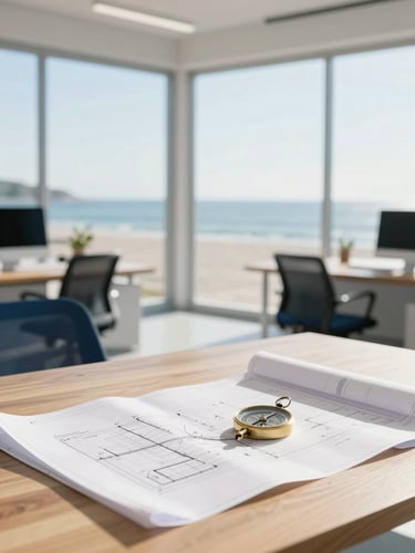 Bright open-plan office space filled with natural morning light, clean wooden table with architectural blueprints and a compass, high-key editorial, 35mm