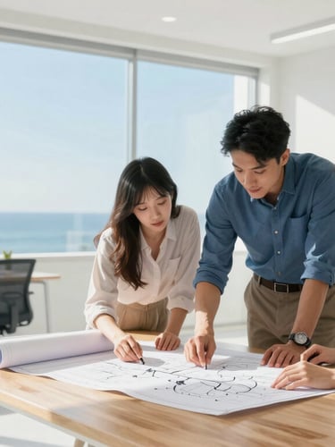 Bright open-plan office space with natural light, professional team reviewing a blueprint map on a clean wooden table, crisp morning sun, high-key