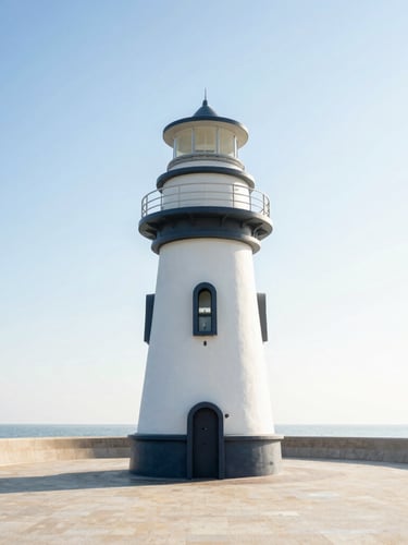 Bright environmental shot of a modern lighthouse on a clean coastal landscape with a clear horizon under crisp morning sun, 35mm photography
